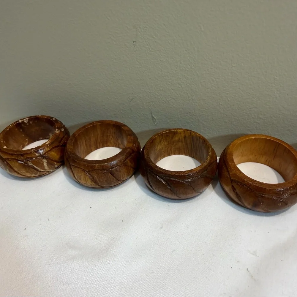6 Teak Wood Round Napkin Rings MCM Hand‎ Carved in Philippines